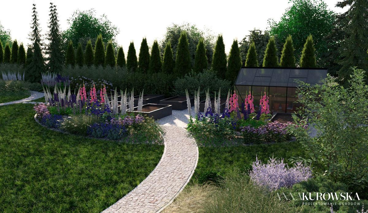 Projekt ogrodu w stylu rustykalnym z naturalnym stawem w centrum.