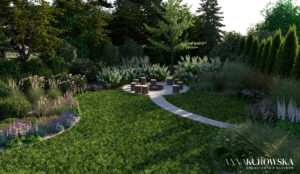 Projekt ogrodu w stylu rustykalnym z naturalnym stawem w centrum.