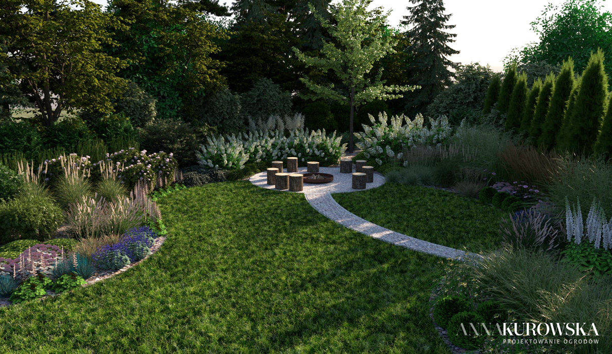 Projekt ogrodu w stylu rustykalnym z naturalnym stawem w centrum.