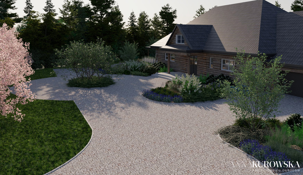 Projekt ogrodu w stylu rustykalnym z naturalnym stawem w centrum.