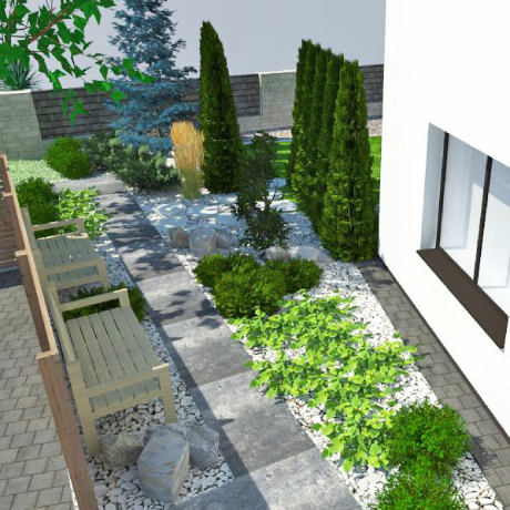 Projekt małego firmowego ogrodu z miejscem wypoczynku dla pracowników